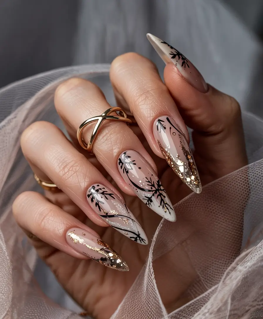 easy christmas nails Golden Frost & Black Lace