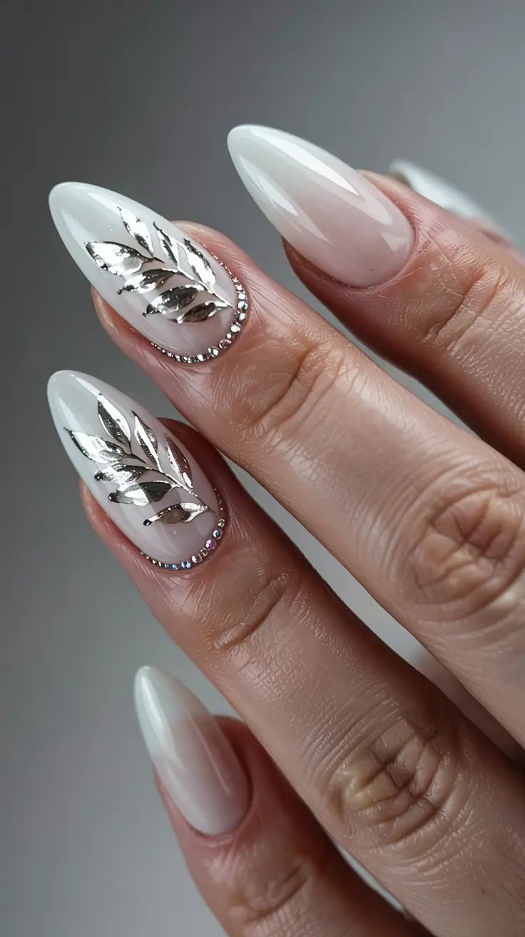 easy christmas nails 2025 silver leaf elegance