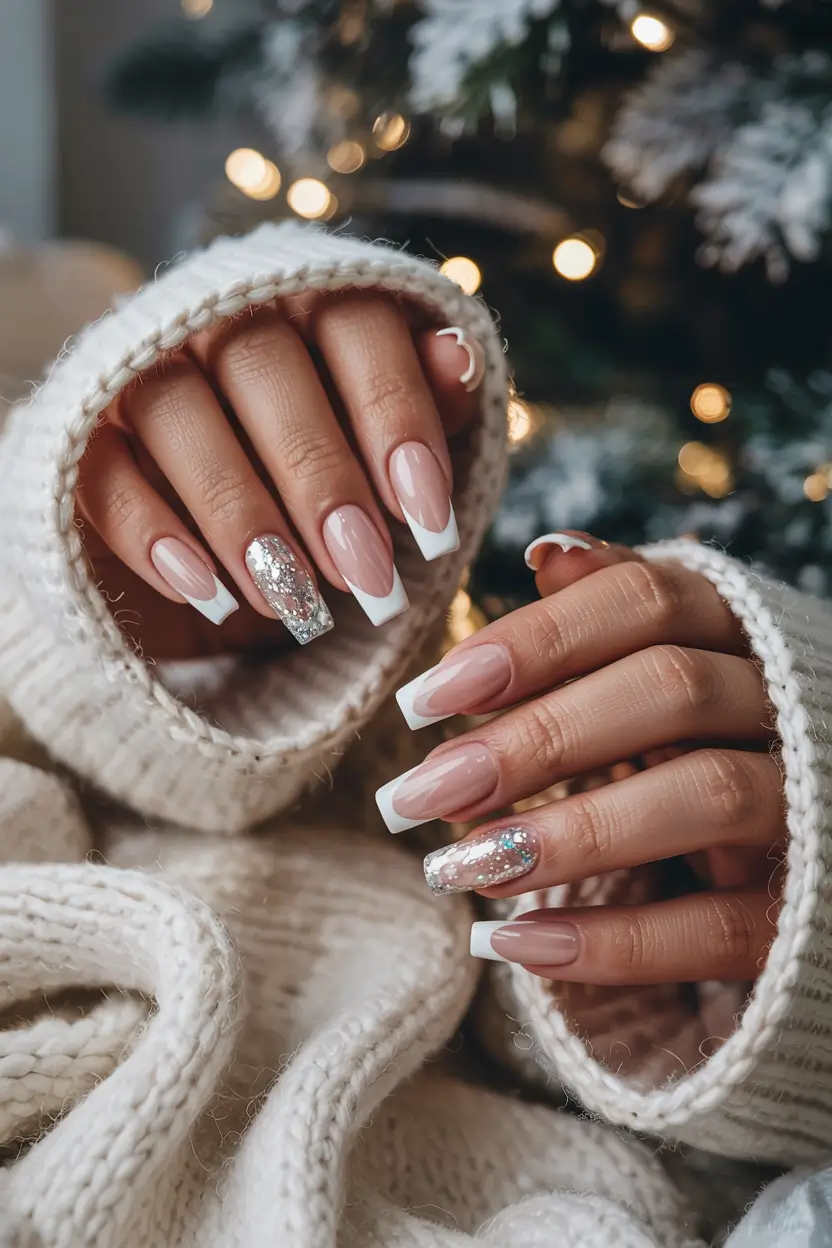 easy christmas nails 2025 classic french with a frosted twist