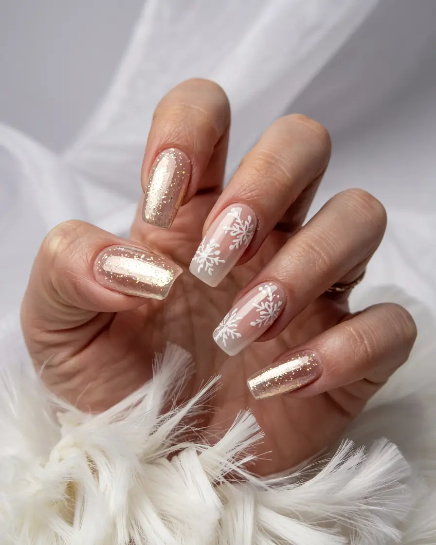 easy christmas nails 2025 golden snowfall