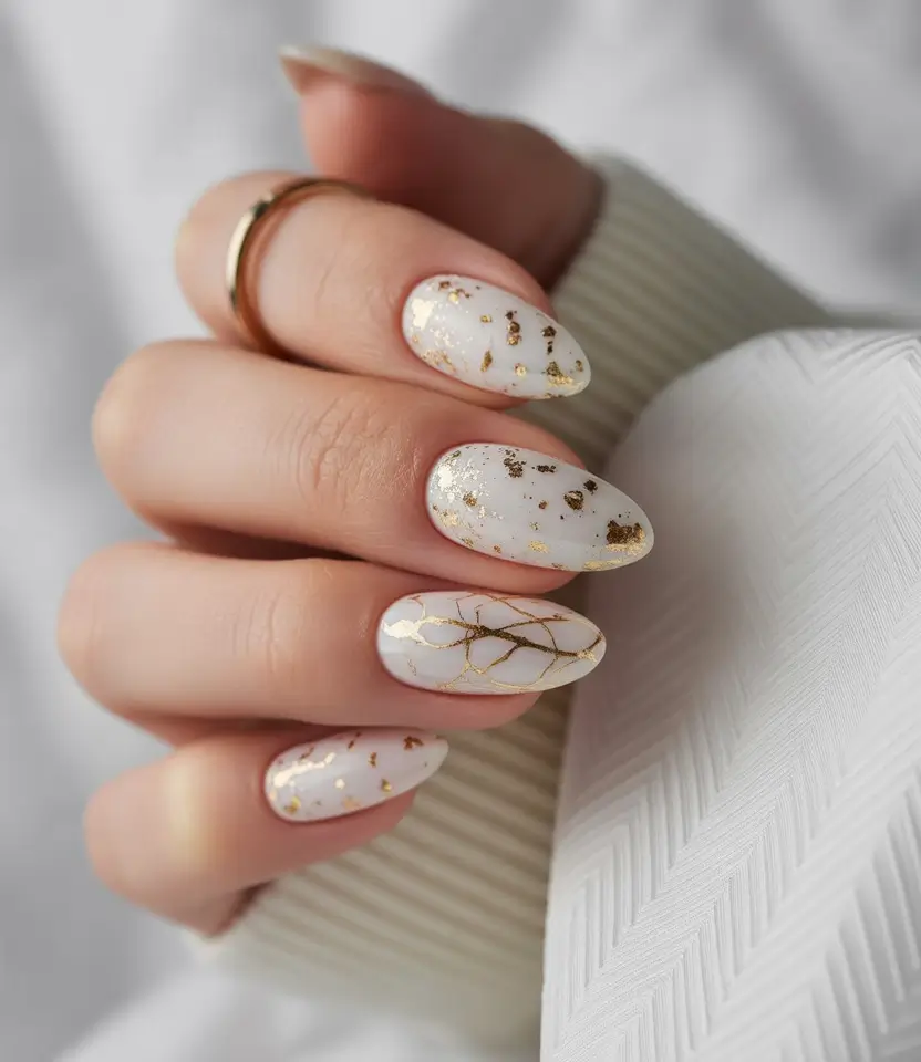 easy nails design for winter Golden Veins & Soft White Marble