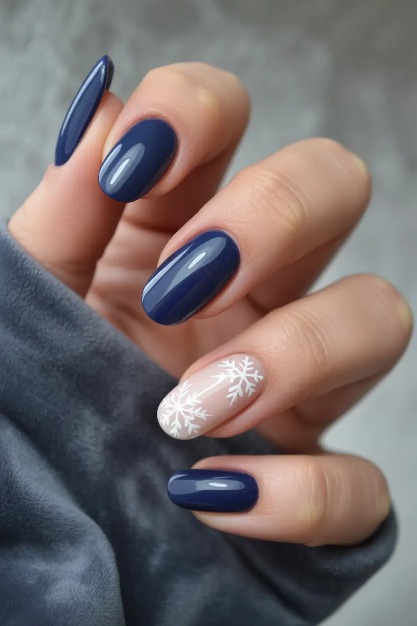 easy nail designs for short nails winter Midnight Blue Snowflake Charm