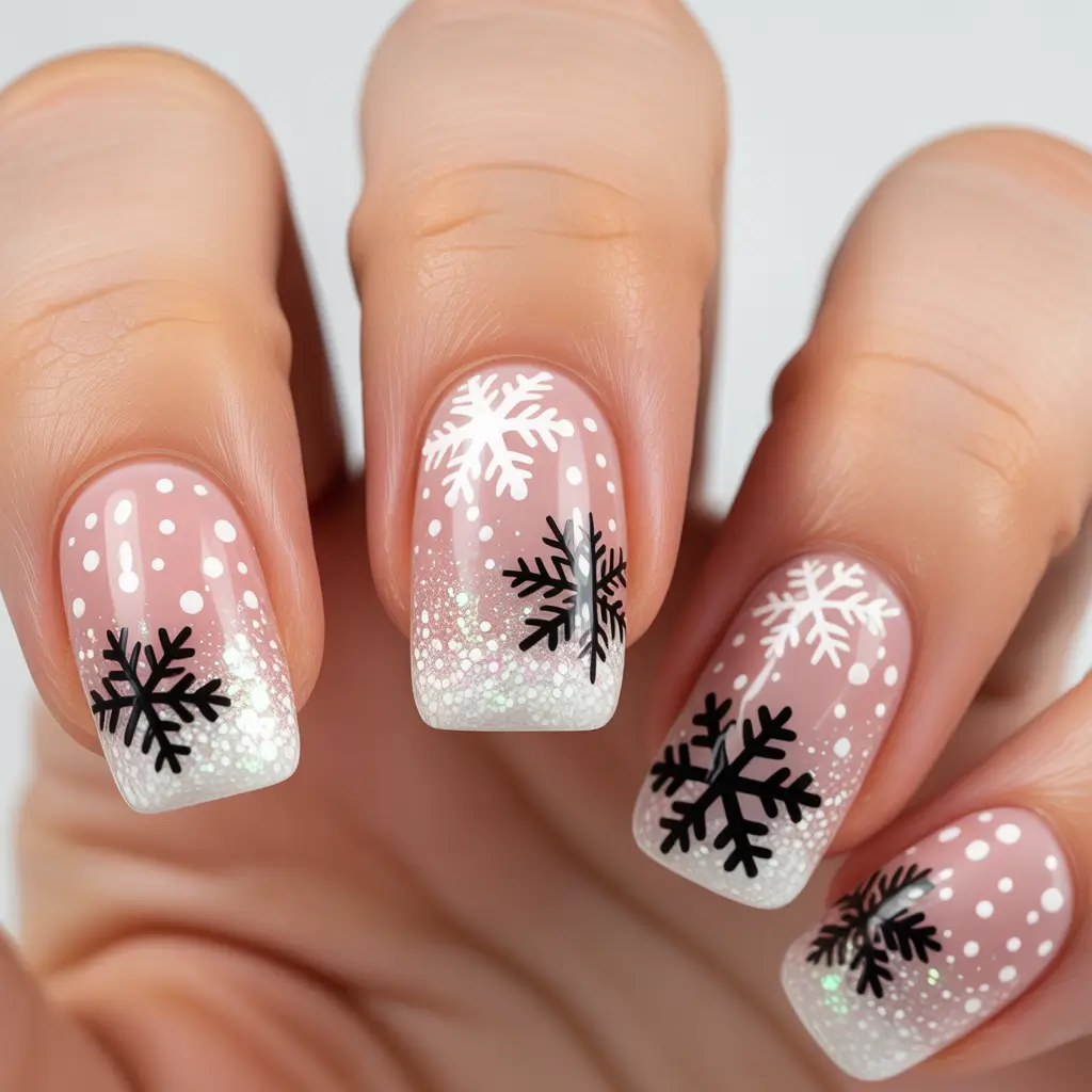 easy nail designs short nails winter Snowflake Dreams on Nude Base