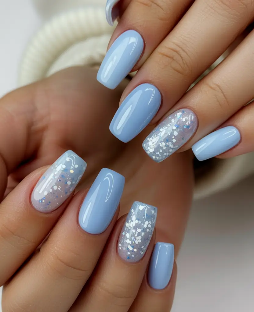 easy winter nails designs Frozen Sky Blue & Glitter Whisper