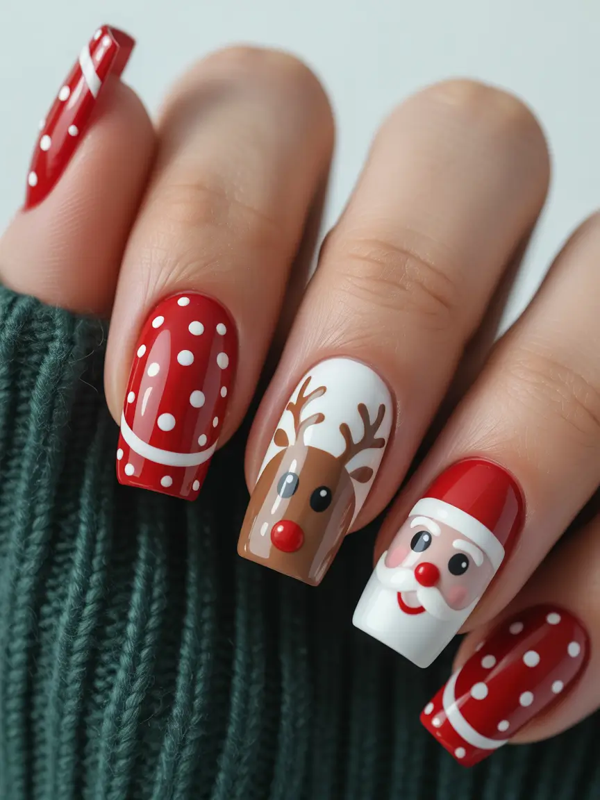 Christmas nail designs 2025 Classic Red Cheer with Santa & Rudolph