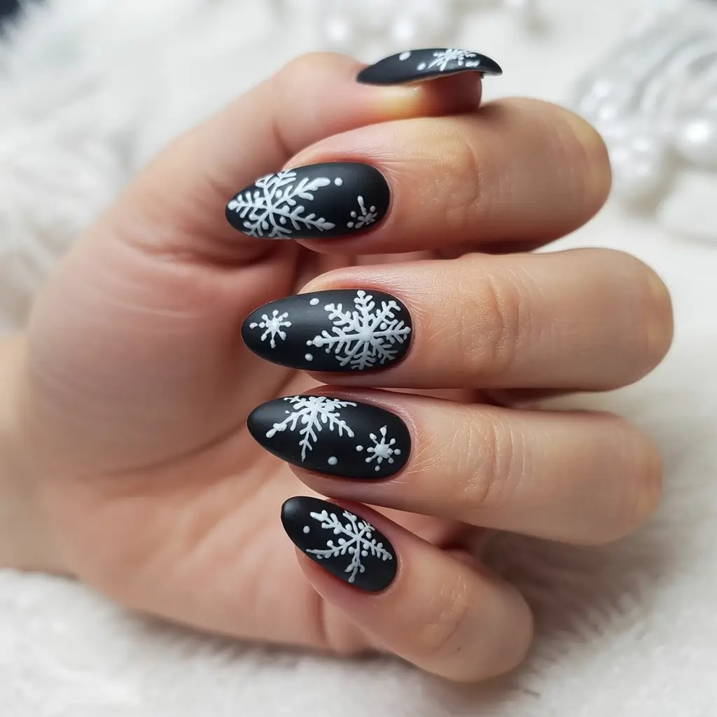Christmas nail designs 2025 Midnight Snowfall Elegance