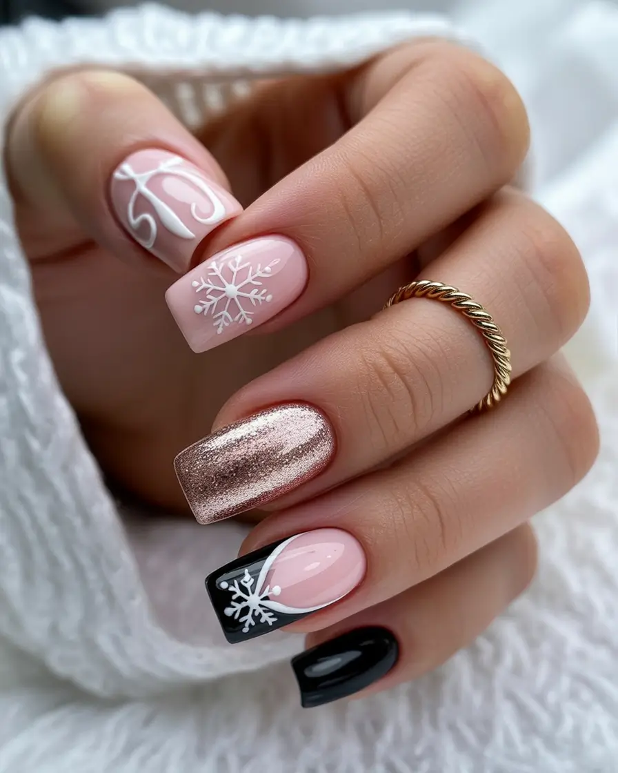 Christmas nail designs 2025 Rose Gold Glow & Snowflake Whispers