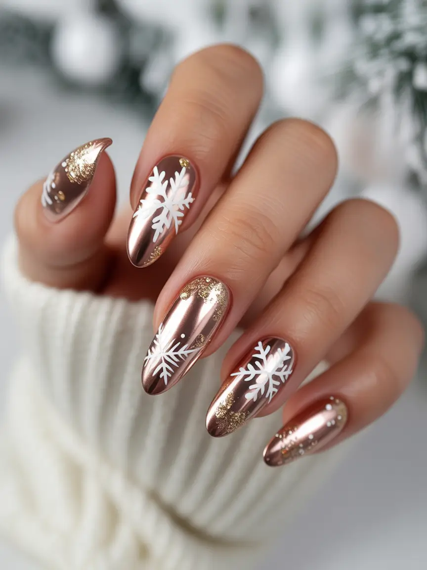 christmas nail designs 2025 Golden Snowflakes