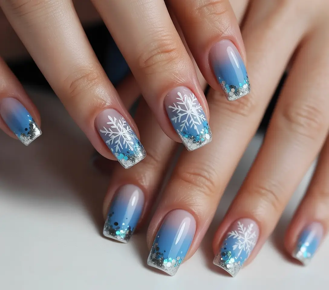 Christmas nail designs 2025 Frozen Blue Gradient Sparkle