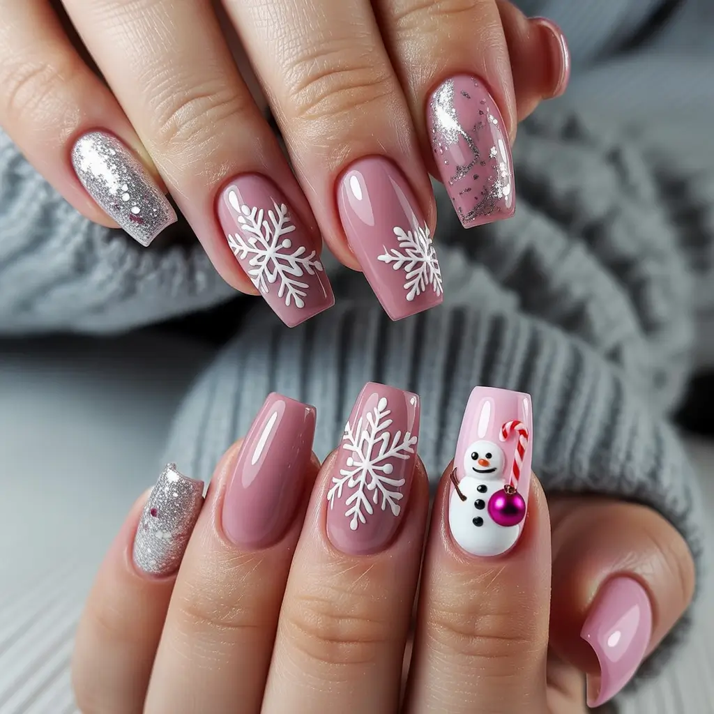 Christmas nail designs 2025 Blush Pink Snowman Charm