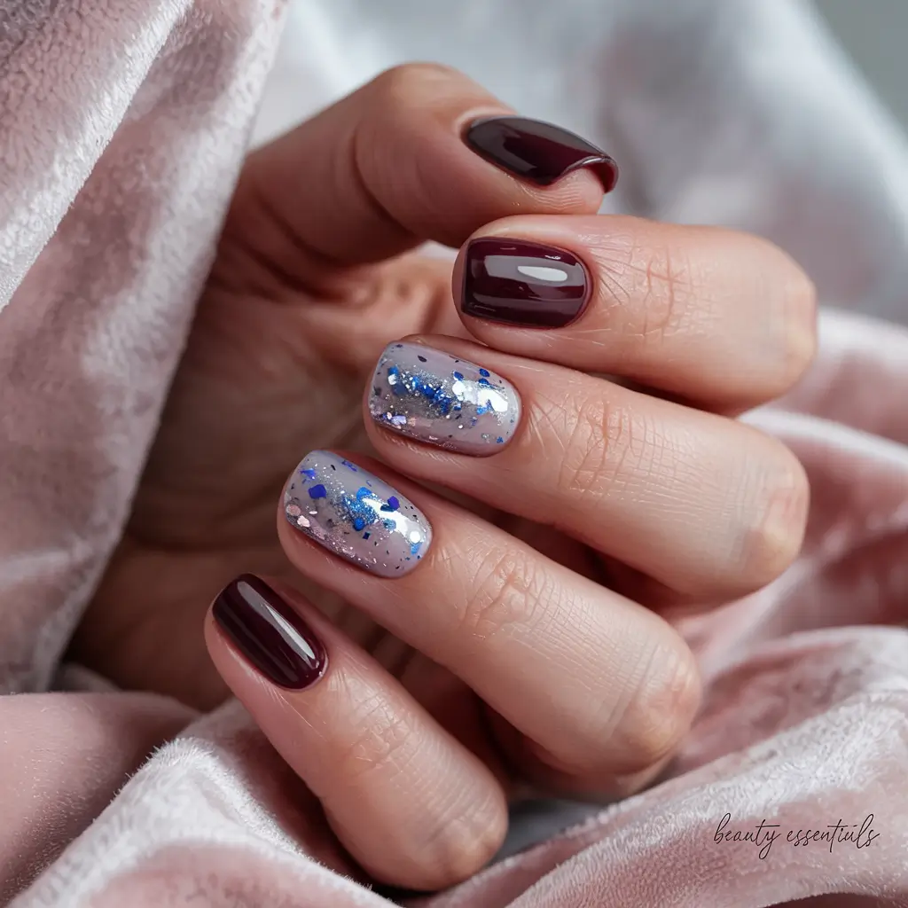 cute winter nails short Velvet Wine and Icy Sparkle