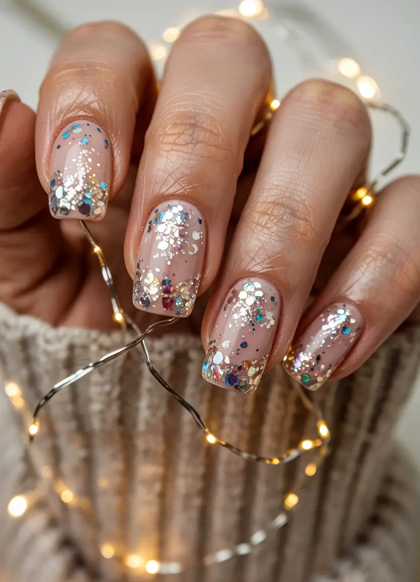 cute winter nails acrylic short Fairy Lights Glitter Tips