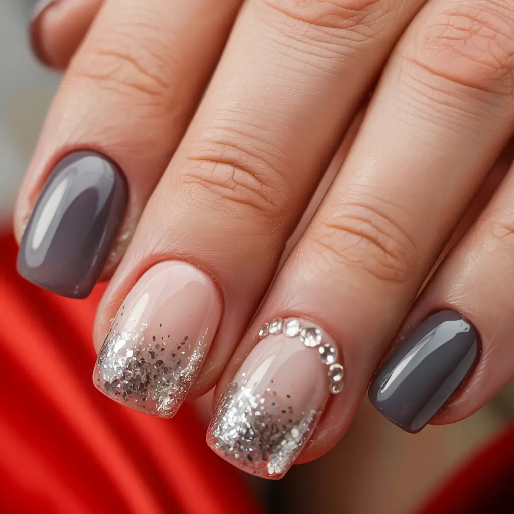 cute winter nails designs Grey Glam with Silver Frost