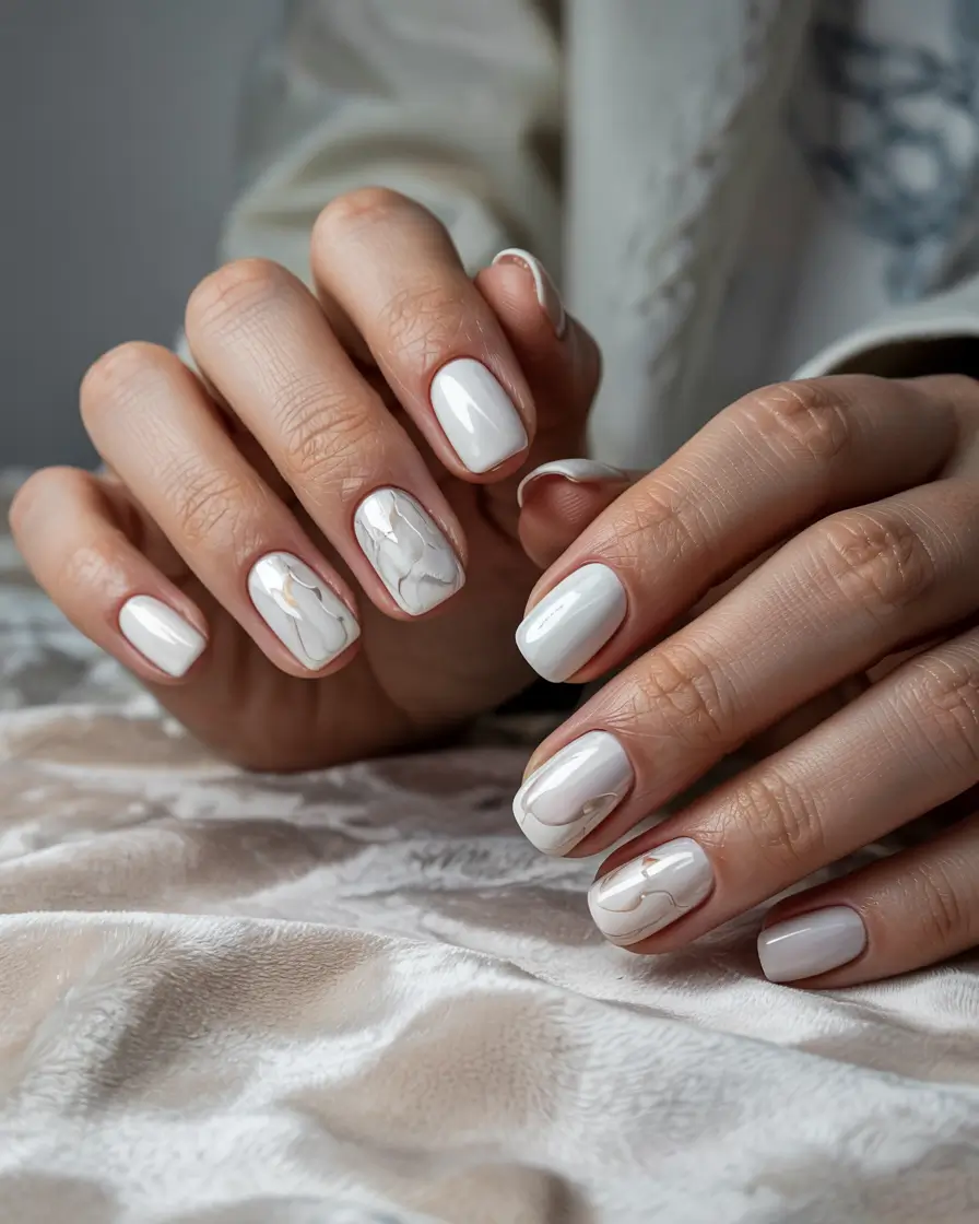 cute winter nails almond White Marble Chic