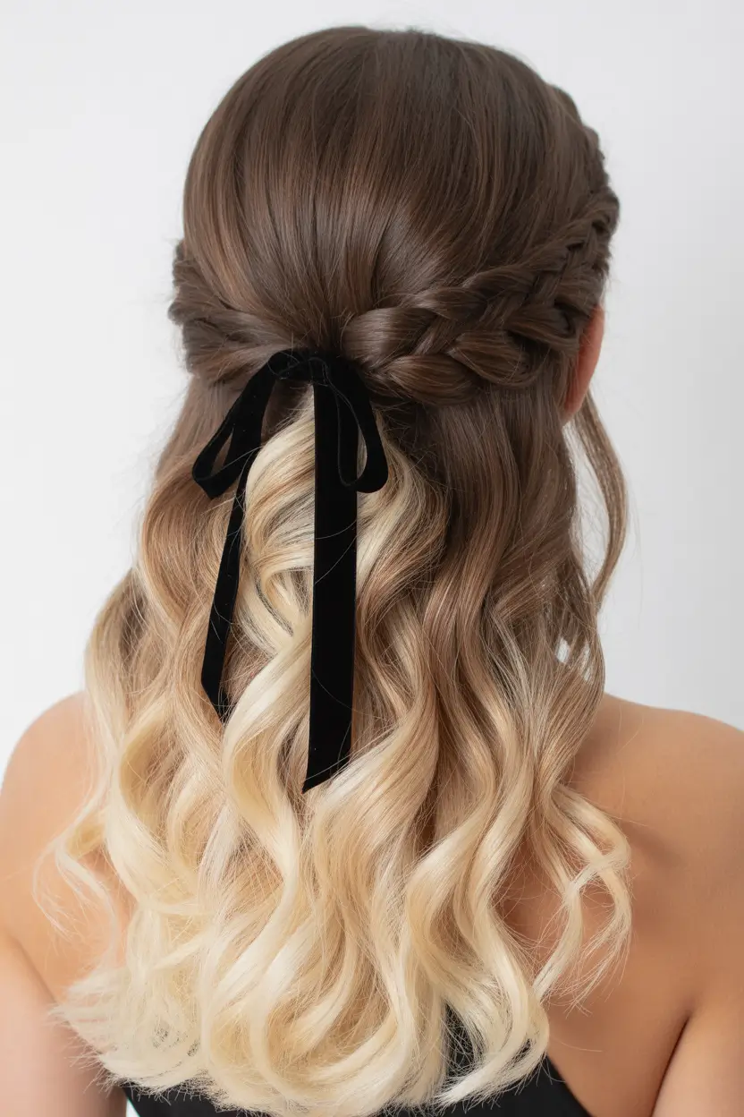 Festive Christmas Hairstyles 2025 Soft Caramel Waves with Velvet Ribbon