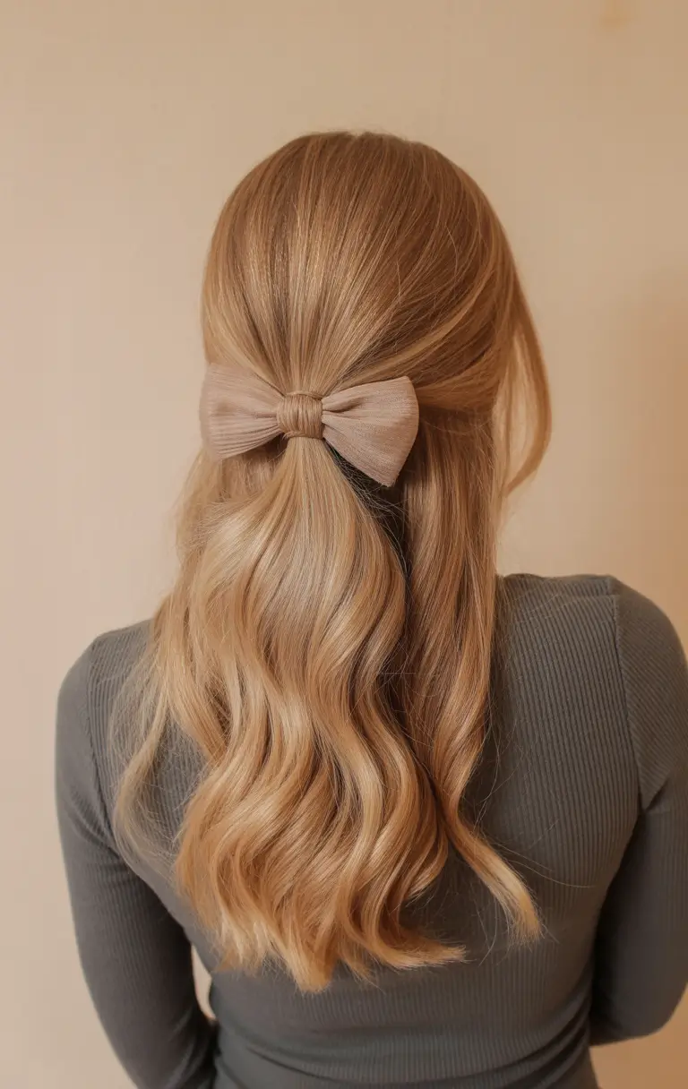Festive Christmas Hairstyles 2025 Champagne-Toned Soft Bow Style