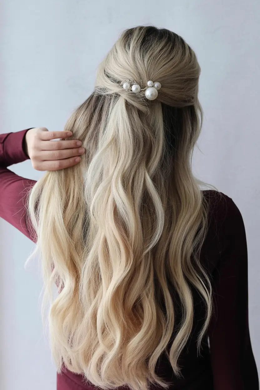 Festive Christmas Hairstyles 2025 Soft Blonde Waves with Pearl Accent
