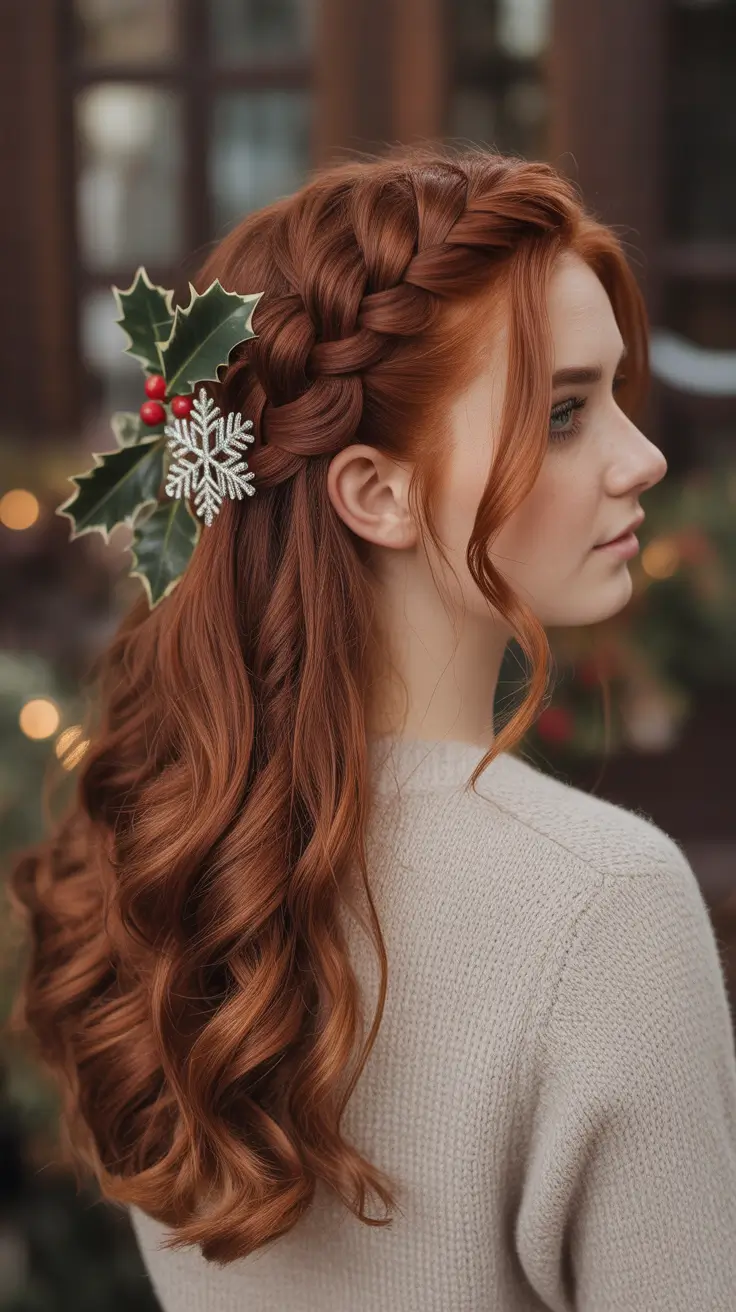 Festive Christmas Hairstyles 2025 Winter Braid with Holly and Snowflake Detail