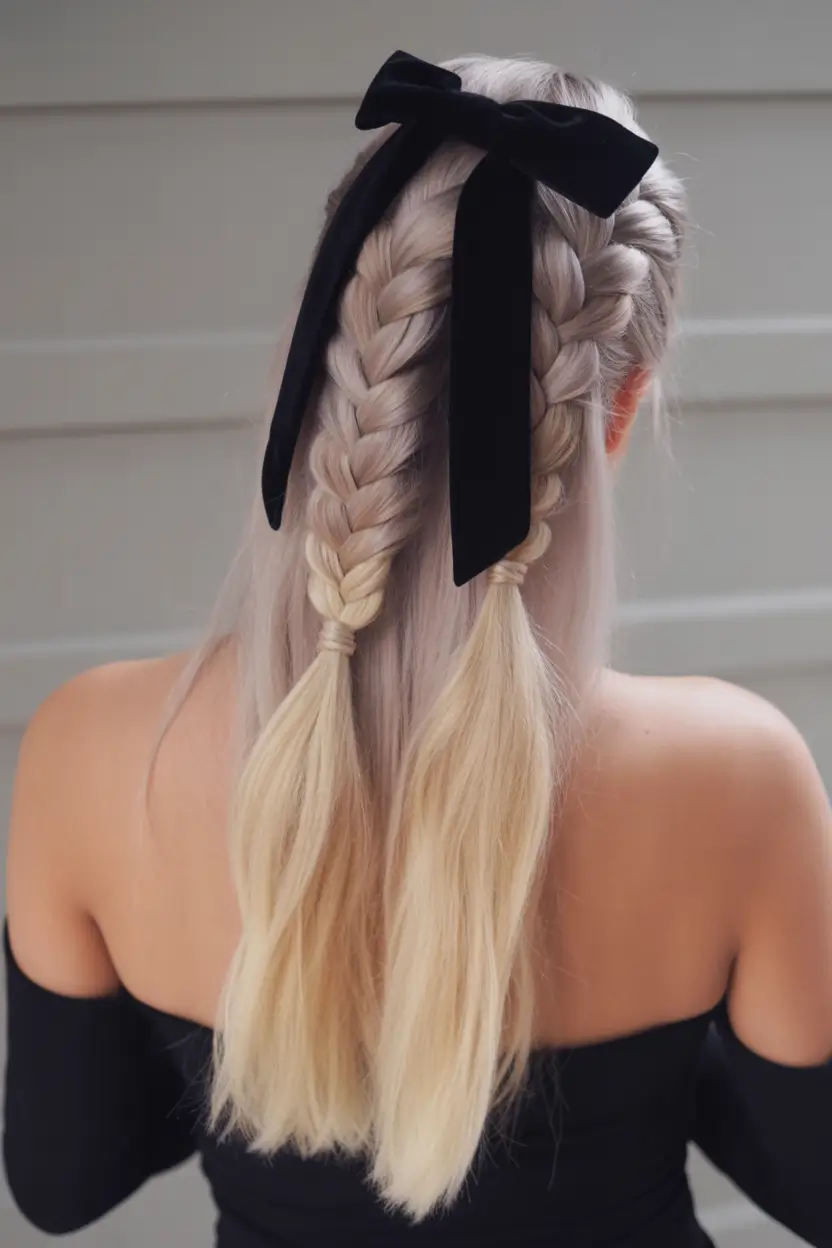 Festive Christmas Hairstyles 2025 Frosted Twin Braids with Velvet Ribbon