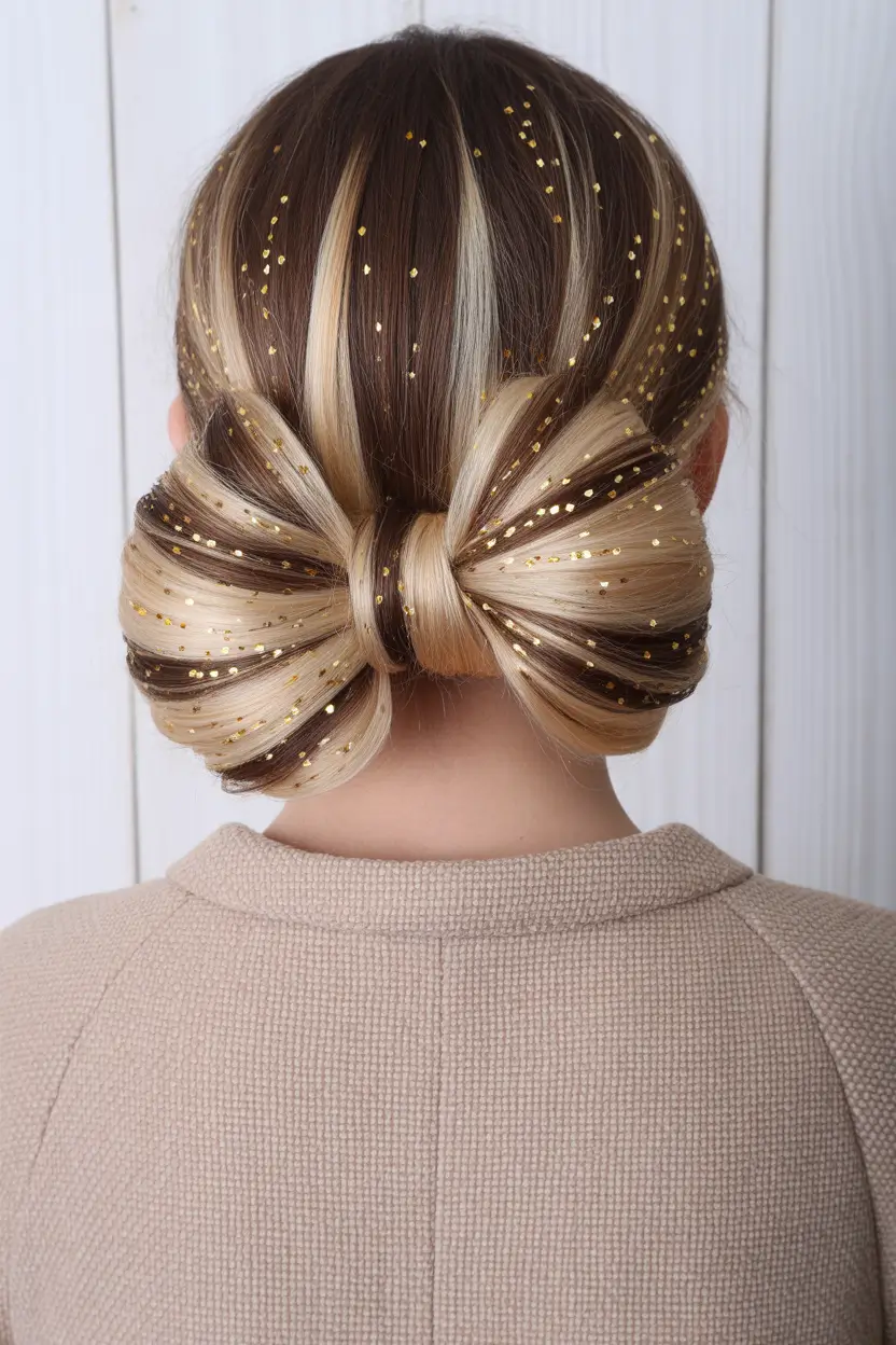 christmas-hairstyles-for-women-Golden-Glitter-Bow-Bun
