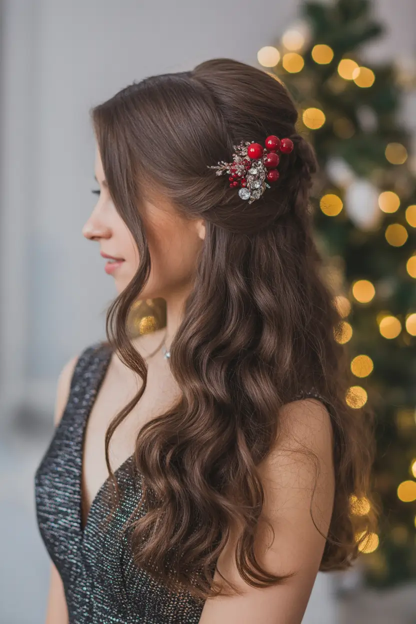 Festive Christmas Hairstyles 2025 Romantic Side Waves with Festive Accessory