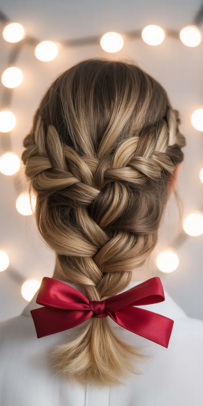 Festive Christmas Hairstyles 2025 Classic French Braid with Red Bow