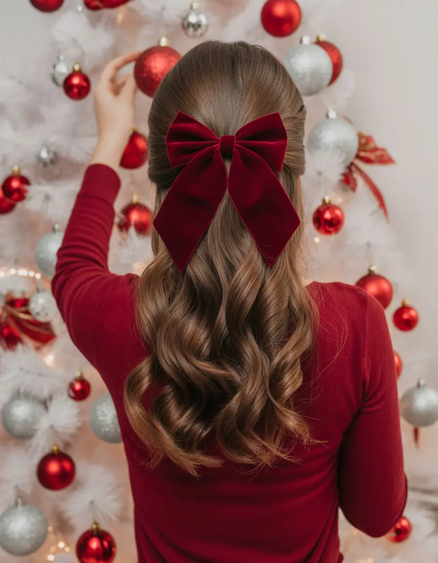 Festive Christmas Hairstyles 2025 Velvet Red Bow Elegance