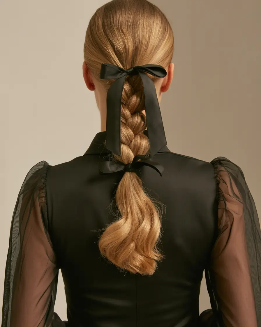 Festive Christmas Hairstyles 2025 Chic Braided Ponytail with Black Ribbon