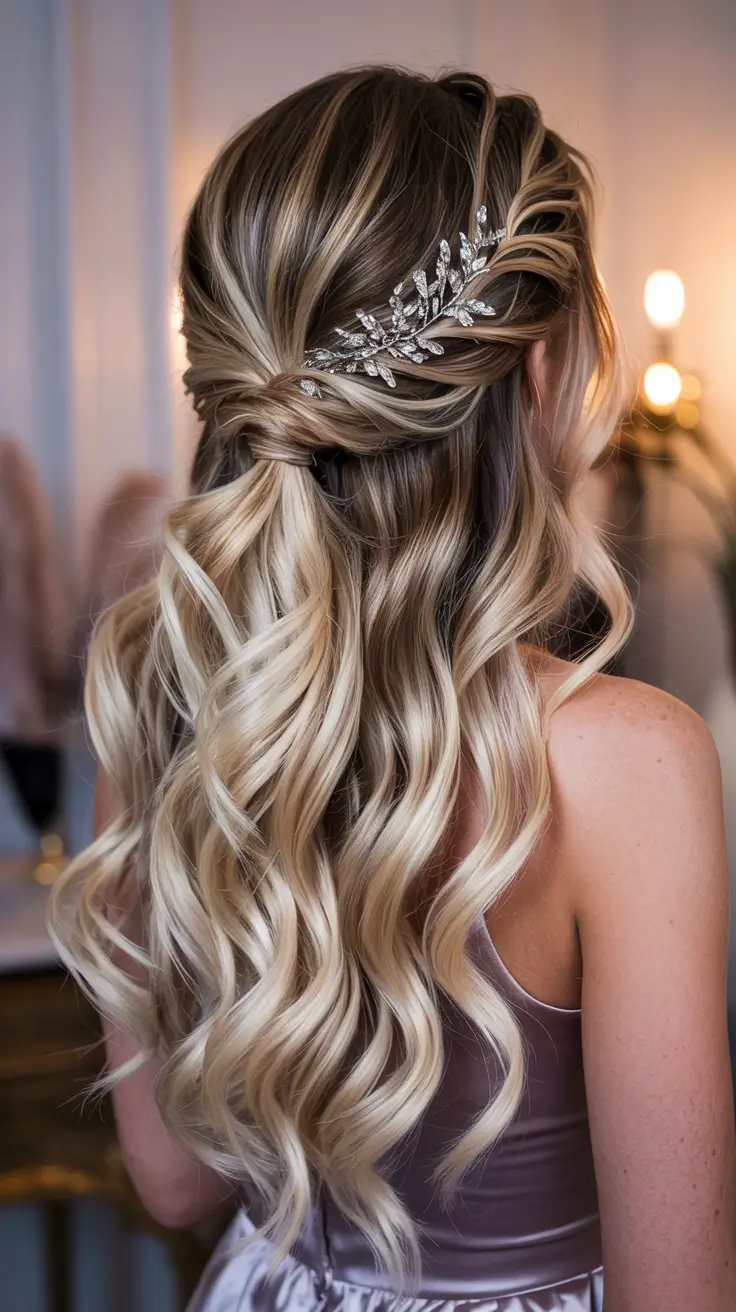 winter formal hairstyles half up gilded waves