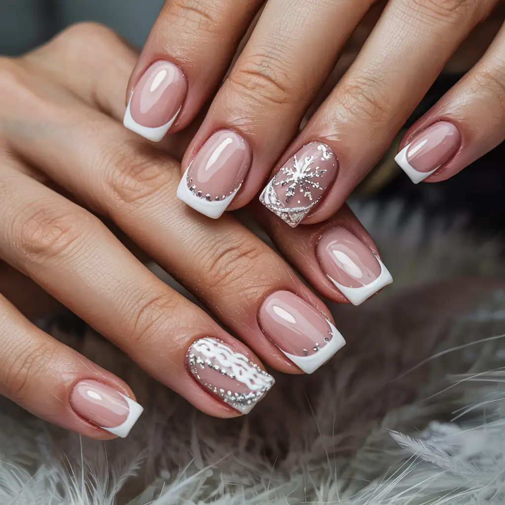 winter french nails design Crystal Snow French Elegance