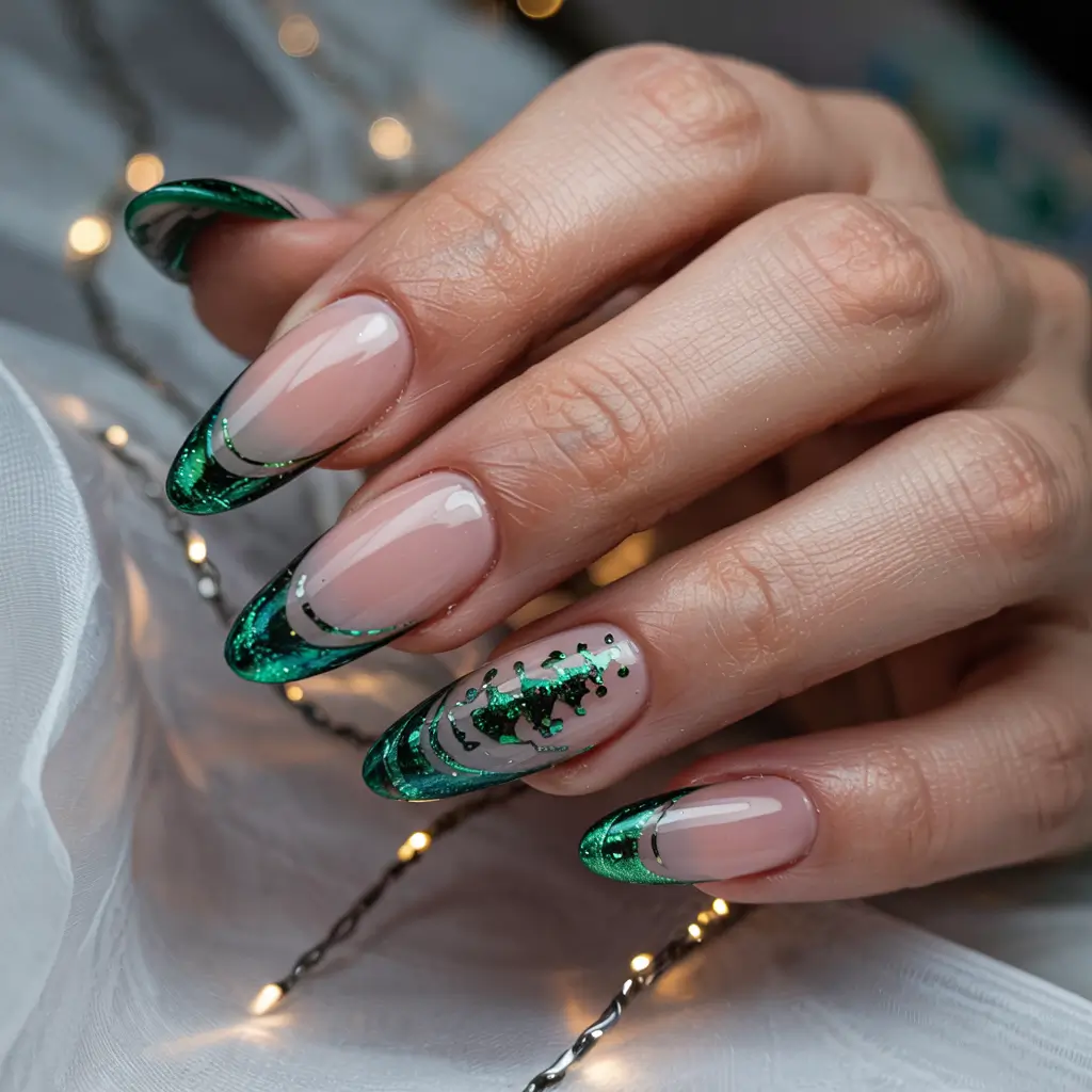 winter french nails green Emerald Wave Glam