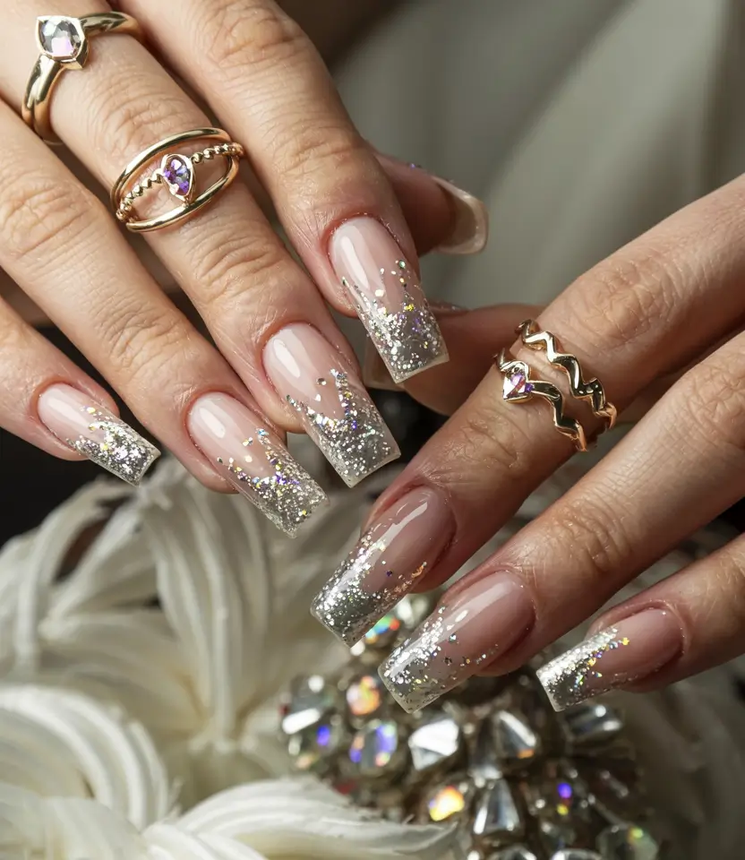 winter french nails long Silver Glam Extravaganza