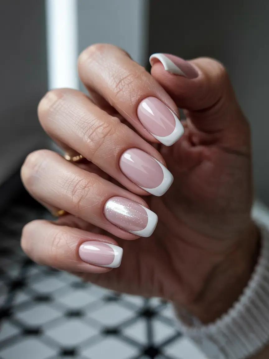 winter french nails design Soft Pink Elegance with a Modern Twist