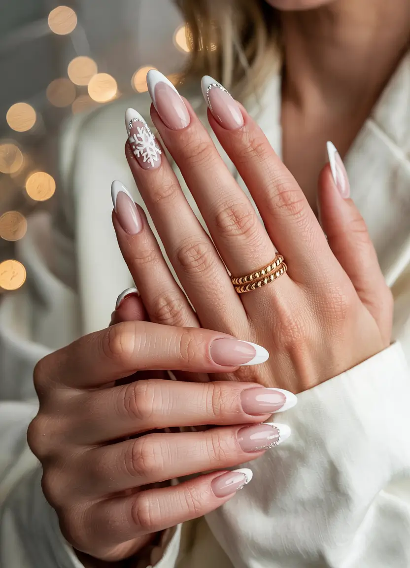 winter french nails design Snowflake-Inspired Glamour