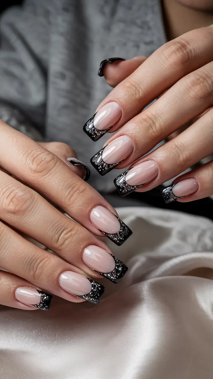 winter french nails design Black-Tipped Winter Drama