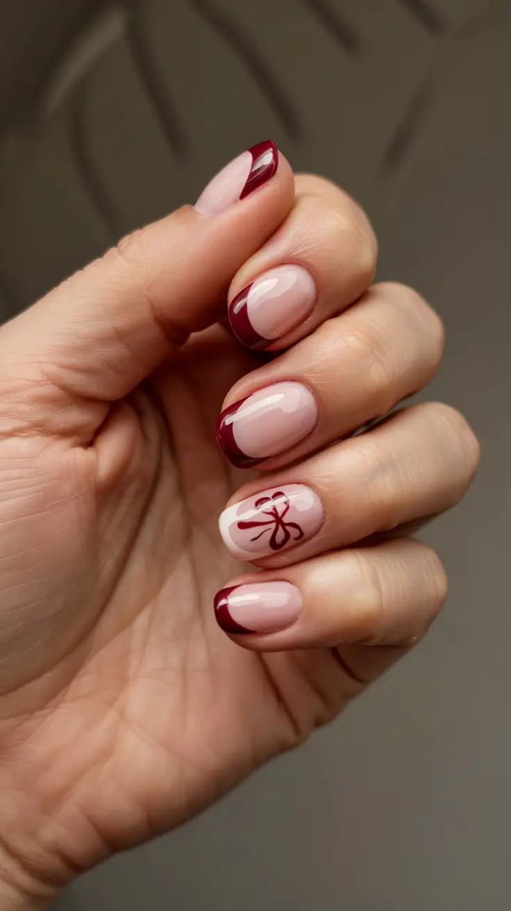 winter french nails burgundy Deep Burgundy Charm with a Bow