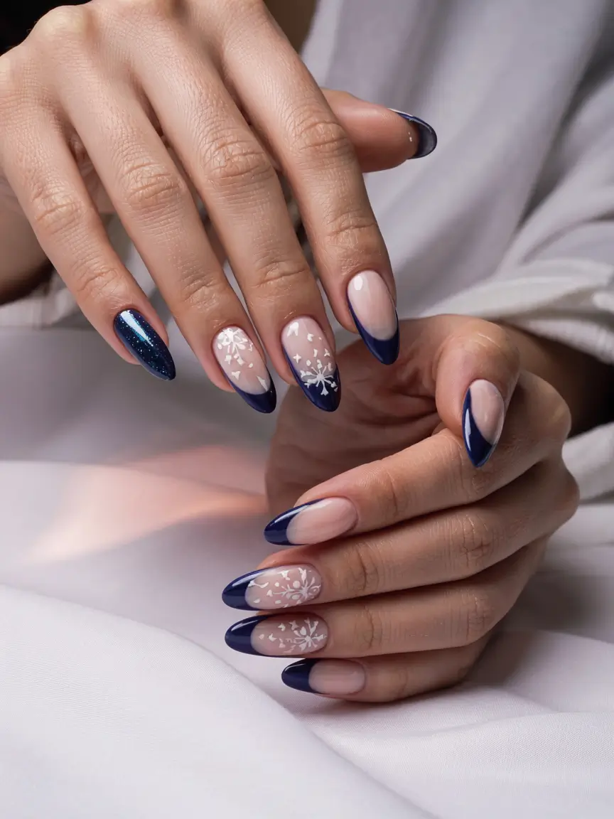 winter french nails design Midnight Blue Frost