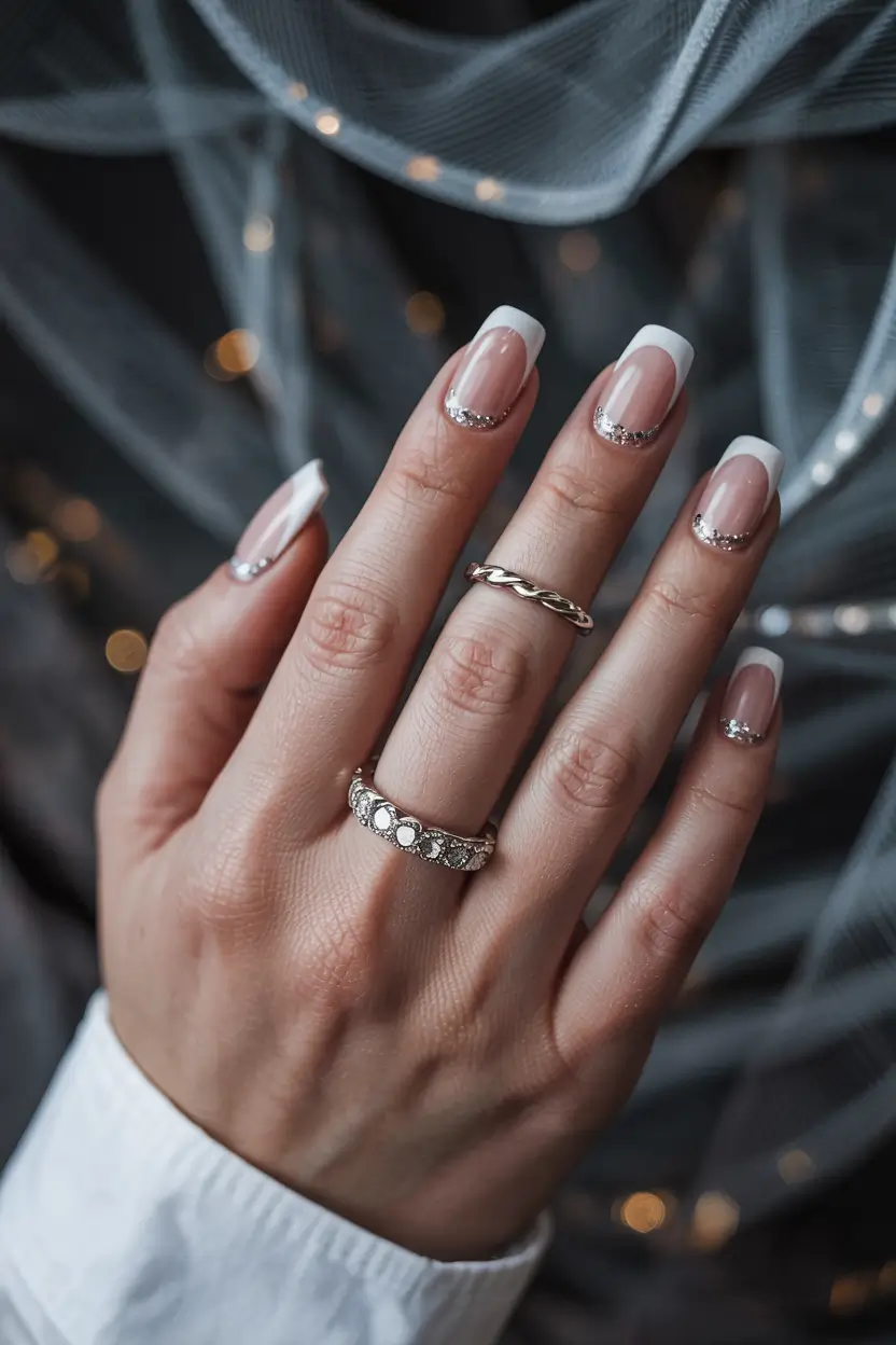 winter french nails design Crystal-Edged Elegance
