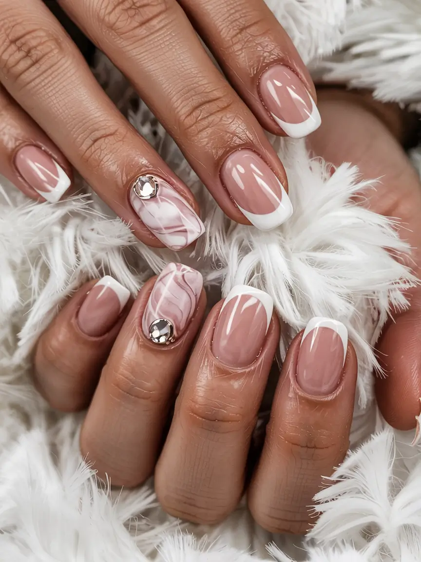 winter french nails design Soft Marble and Gem Accent