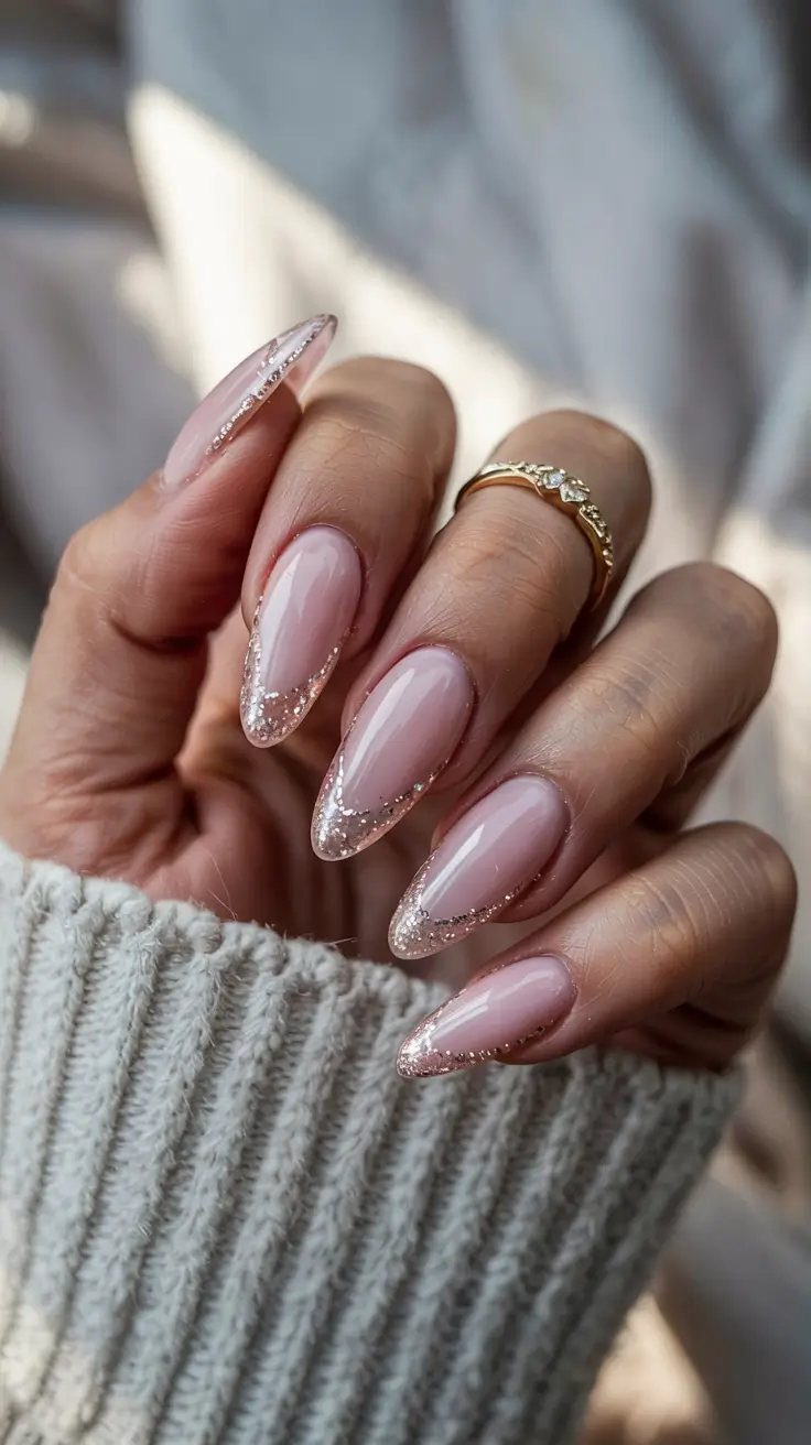 winter french nails sparkle Champagne Frost Tips