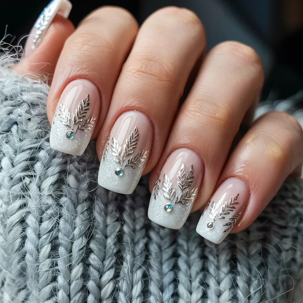 winter french nails silver Frosted Fir Elegance