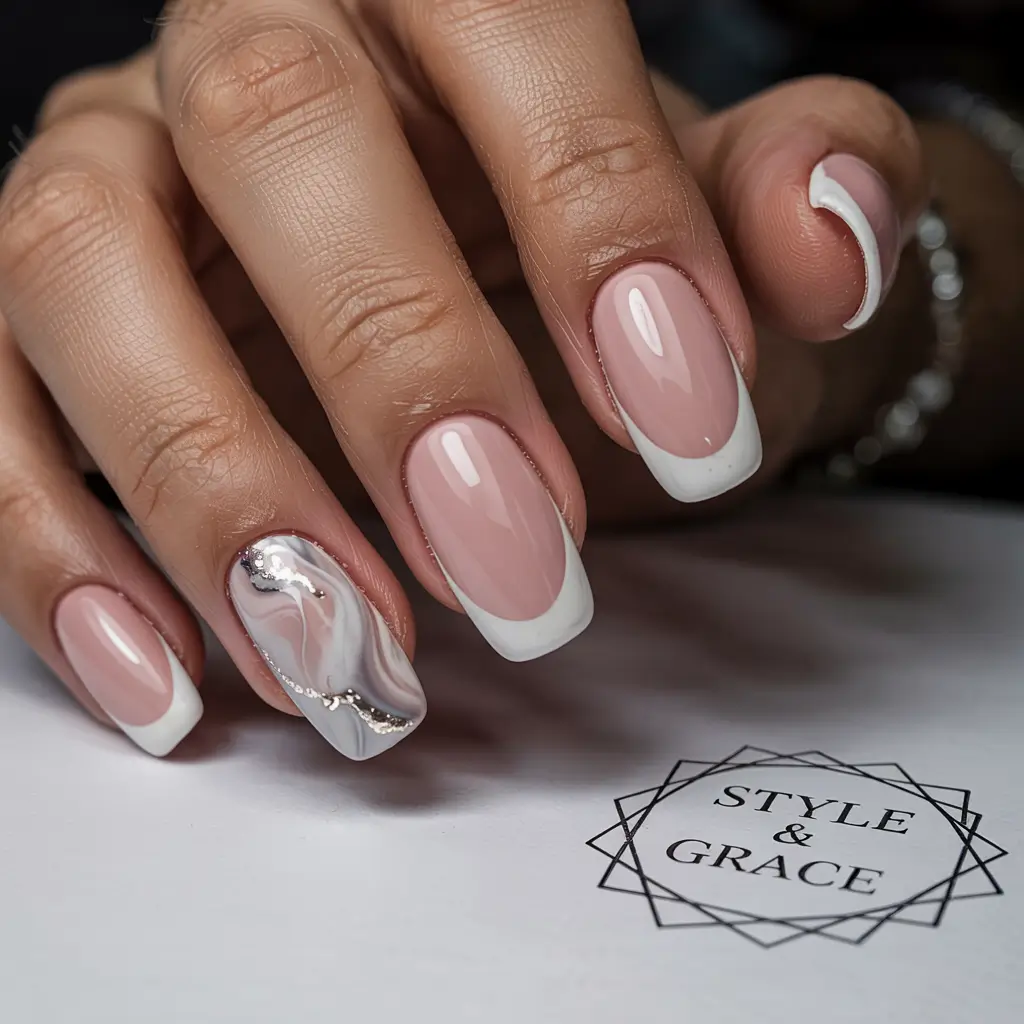winter french nails white Graceful Marble French