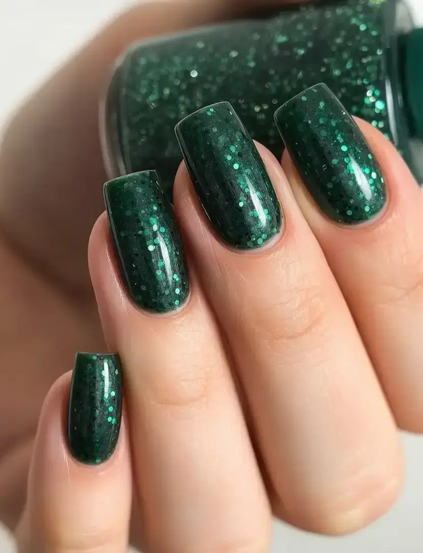 Green Christmas Nails 2025 - Emerald Spark -- Deep Forest Glamour