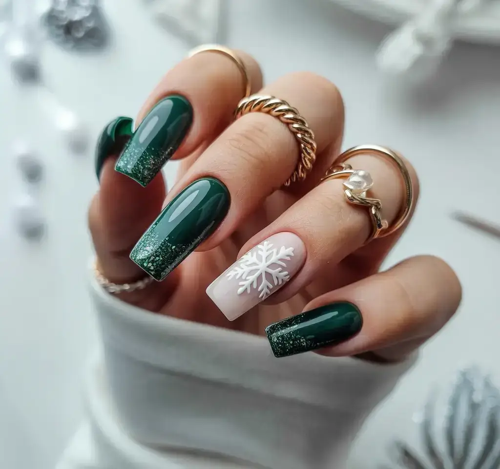 green christmas nails short square Snowflake Dreams