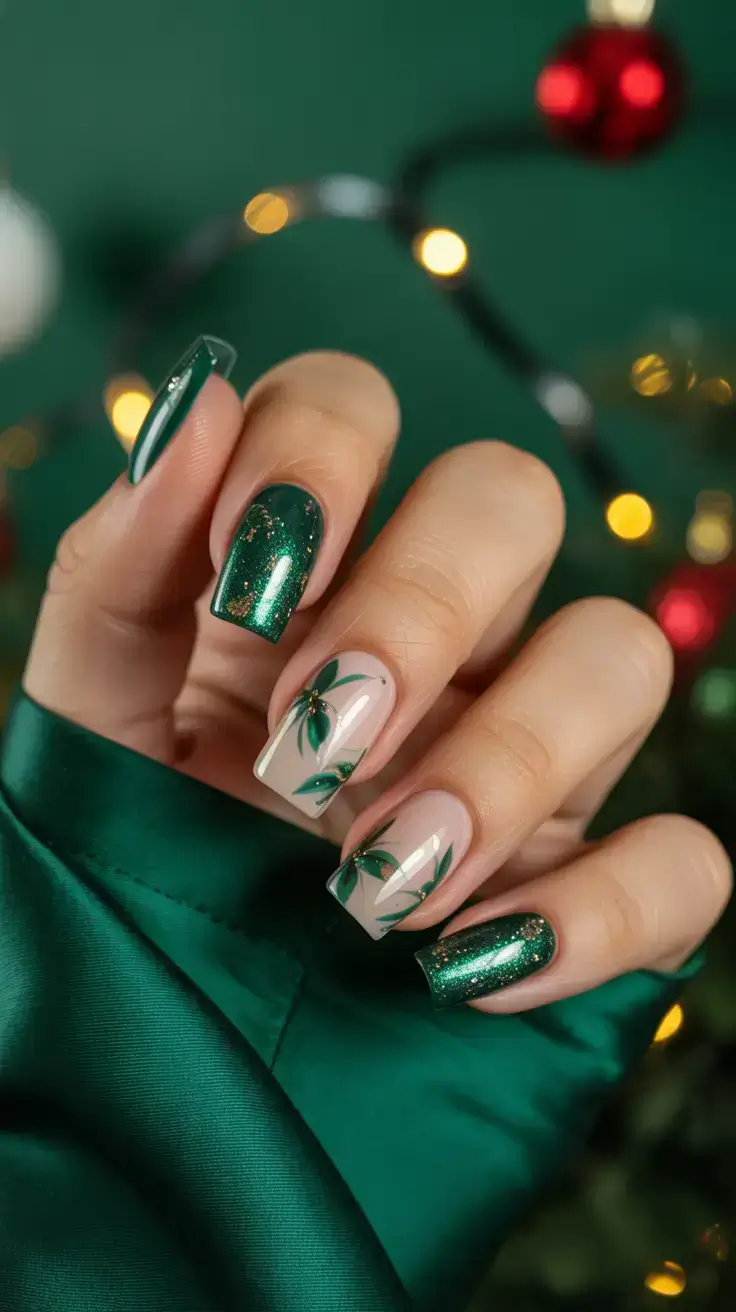 green christmas nails designs Emerald Ribbons and Glitter Glow