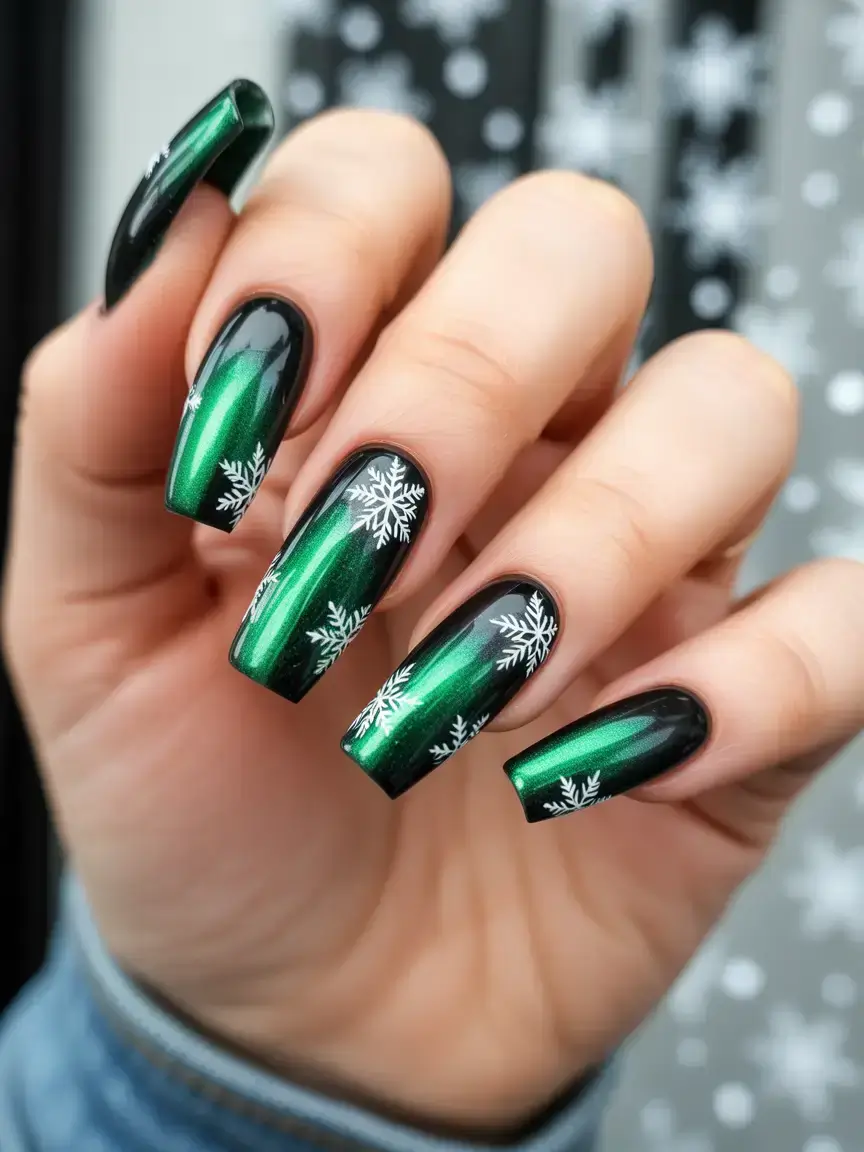 green christmas nails designs Chrome Snowfall Magic