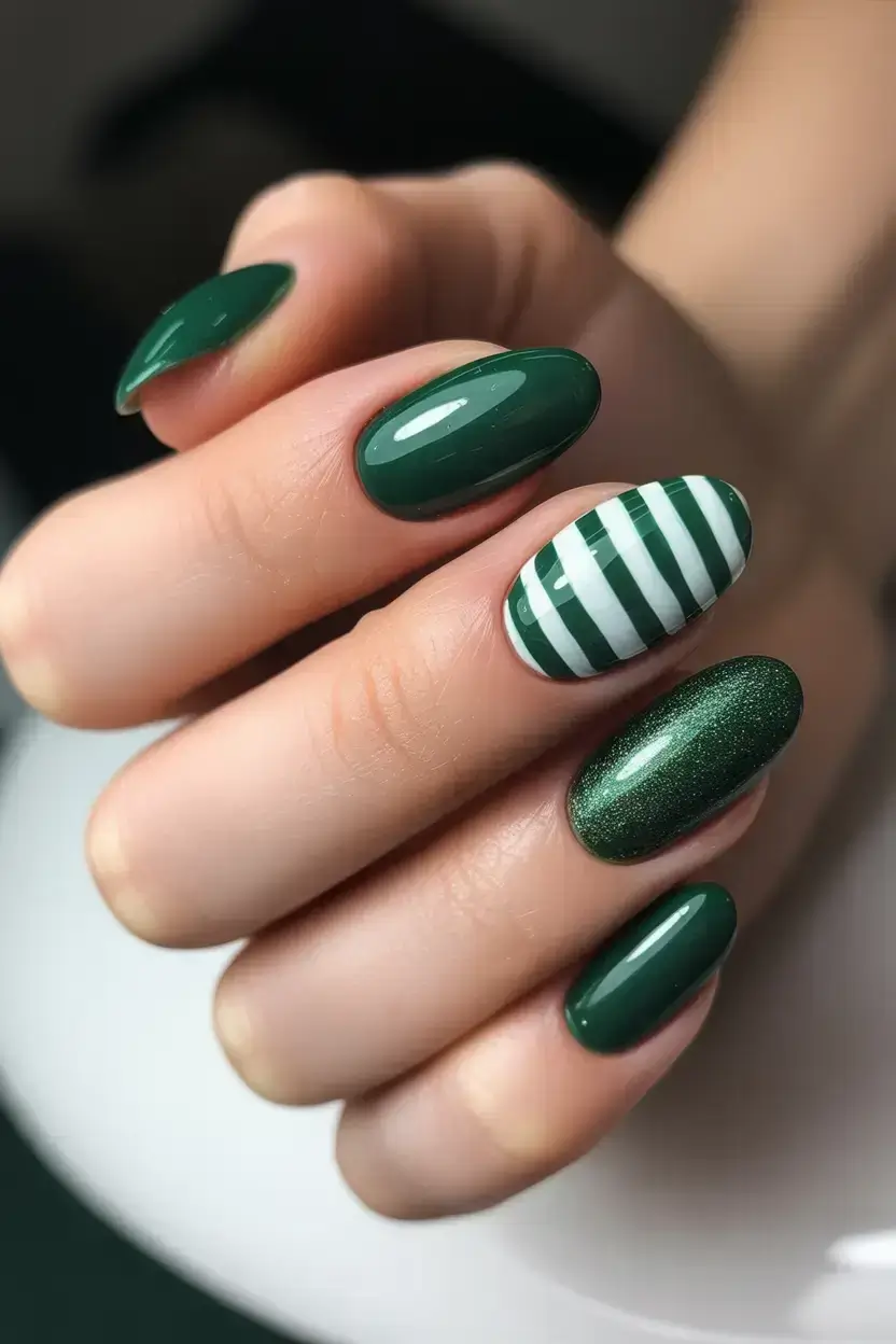 Green Christmas Nails 2025 - Green & White Stripes -- Candy Cane Twist