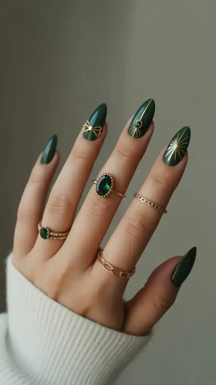 Green Christmas Nails 2025 - Golden Emerald Accents -- Luxury in Motion