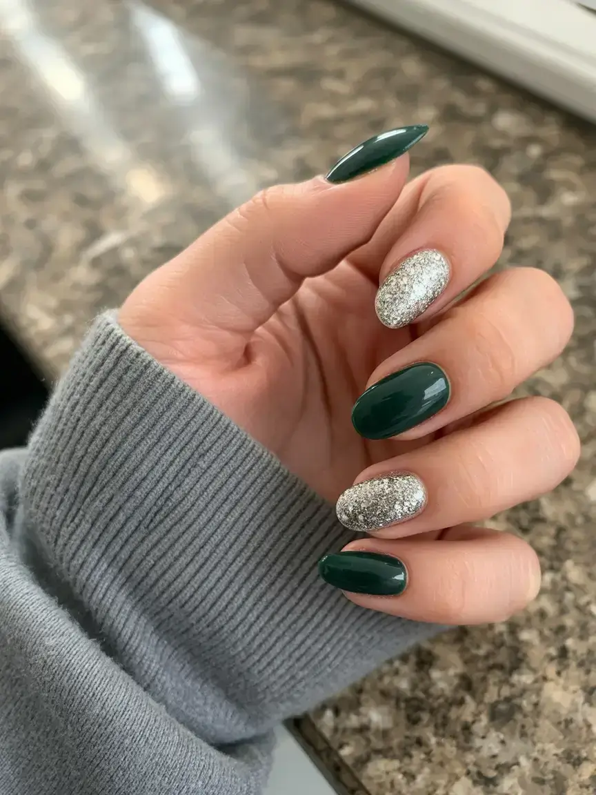 Green Christmas Nails 2025 - Silver & Green Harmony -- Modern Sparkle