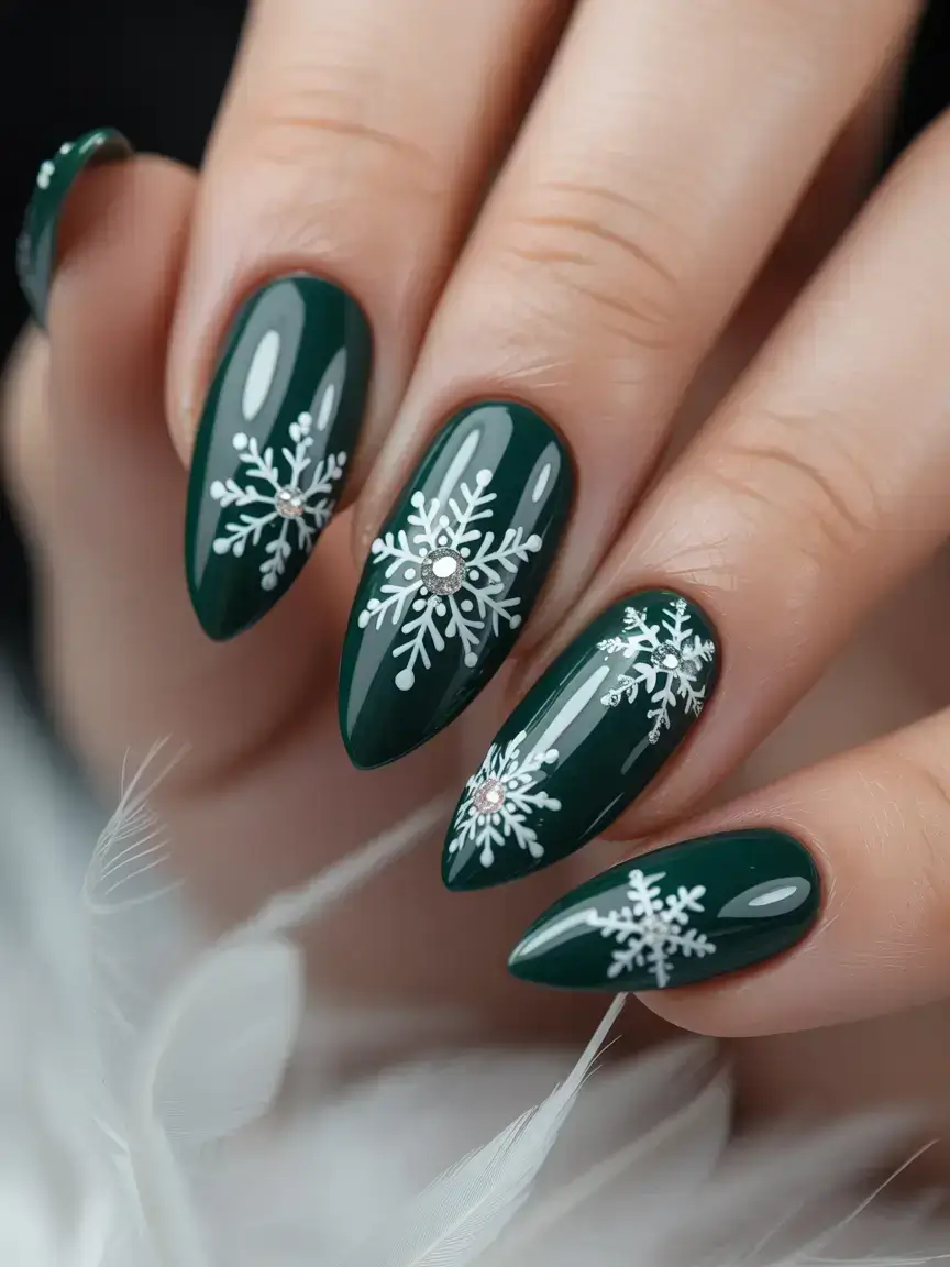 Green Christmas Nails 2025 - Snowflake Art -- Winter Fairy Tale